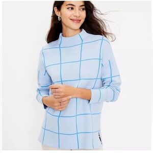 LOFT Blue Windowpane Mock Neck Sweater Women's Size XL